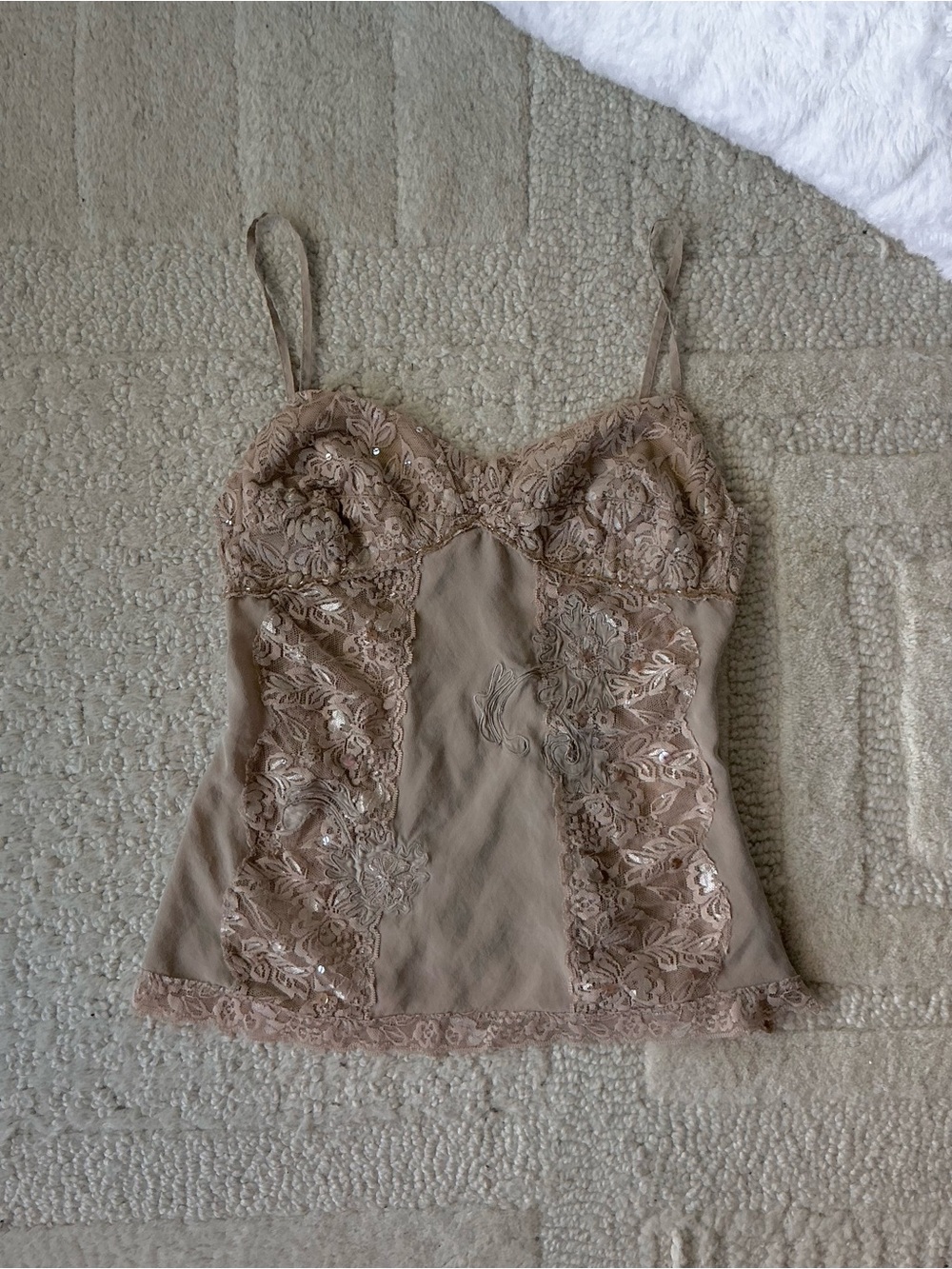 Silk Y2K vintage beaded Lace Trim Cami Tank Top Taupe tan beige